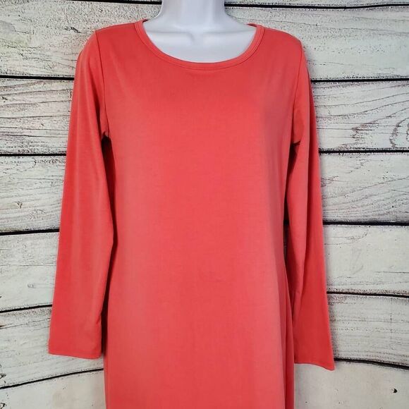 LuLaRoe Long Sleeve Midi Dress Size Small Solid Coral Pink Stretch Knit Pullover - Picture 2 of 6